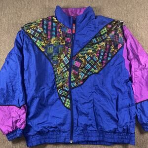 Vintage 1080s Women’s Mall Walker Track Jacket Large Blue Pink Plaid